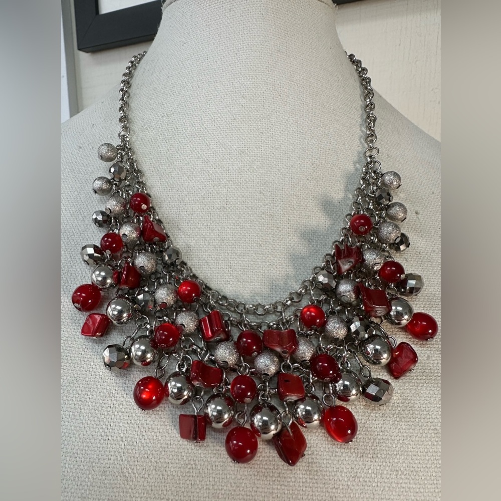Red and silvertone chainmail style statement necklace